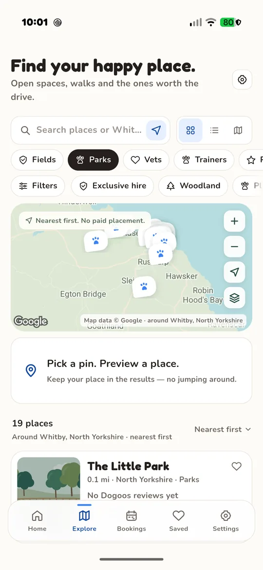 The Fetch explore screen with a map and nearby places