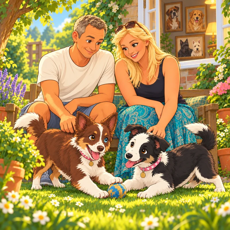 Our founders relaxing in a sunny garden with their two collies, with portraits of past dogs in the window