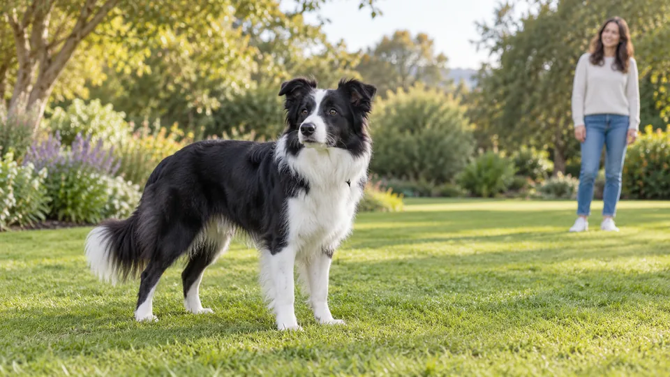 Illustration of a whole dog standing in a garden with an owner in the background