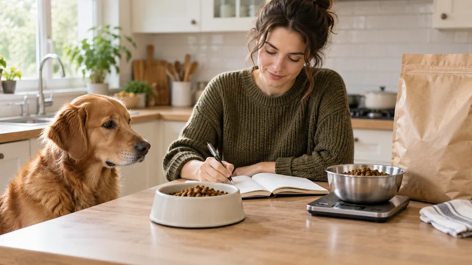 Illustration of an owner making food notes beside a dog, a bowl and kitchen scales