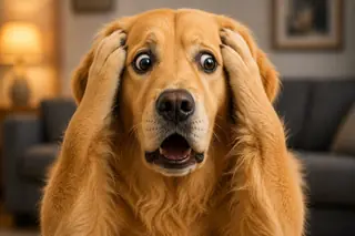 A puzzled dog mid-read