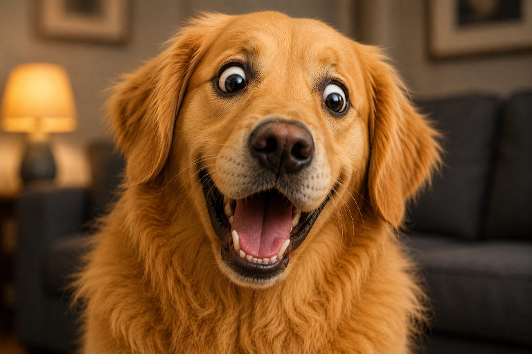 A happy dog mid-read