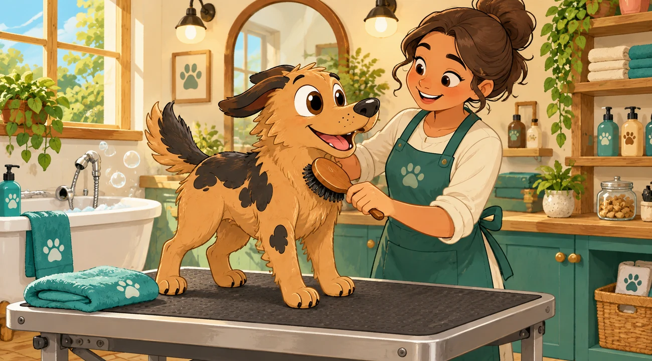 An illustrated grooming salon with a friendly groomer and a dog.