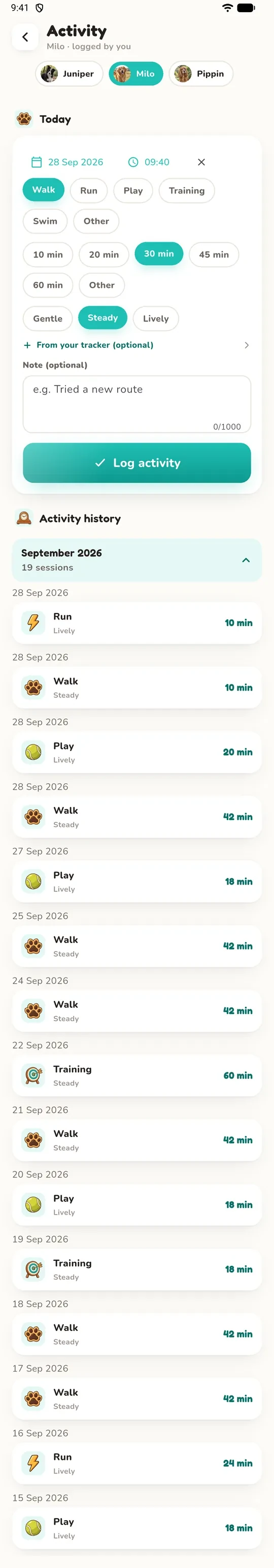 Activity: the logging form and a history of walks, runs and play by date