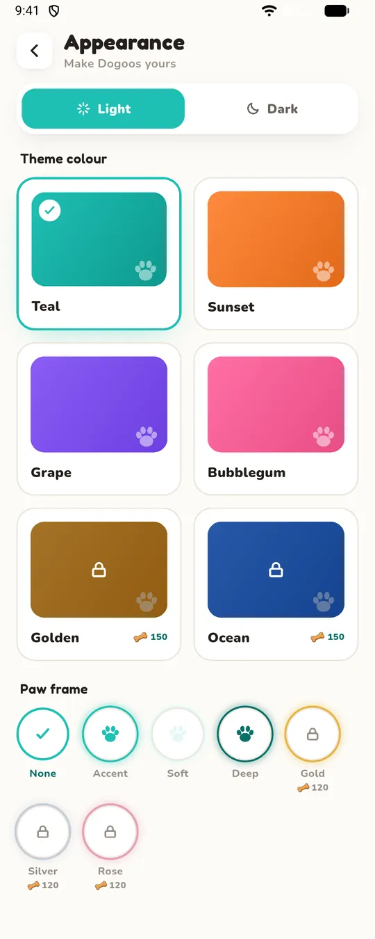 Appearance: light and dark modes, theme colours and paw frames