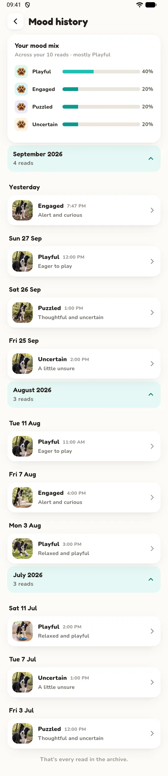 Mood history: the mood mix for the month and a day-by-day list of reads