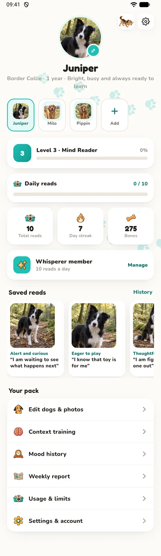 A dog profile with photos, level, daily reads, streak, bones and saved reads