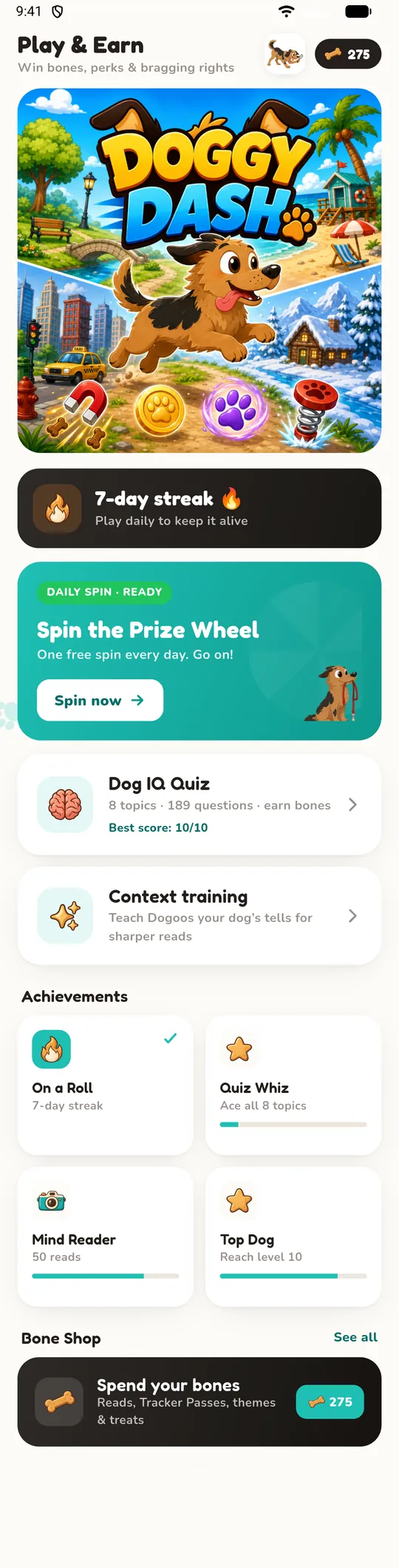 Play and earn: Doggy Dash, the streak, the prize wheel, the quiz and achievements