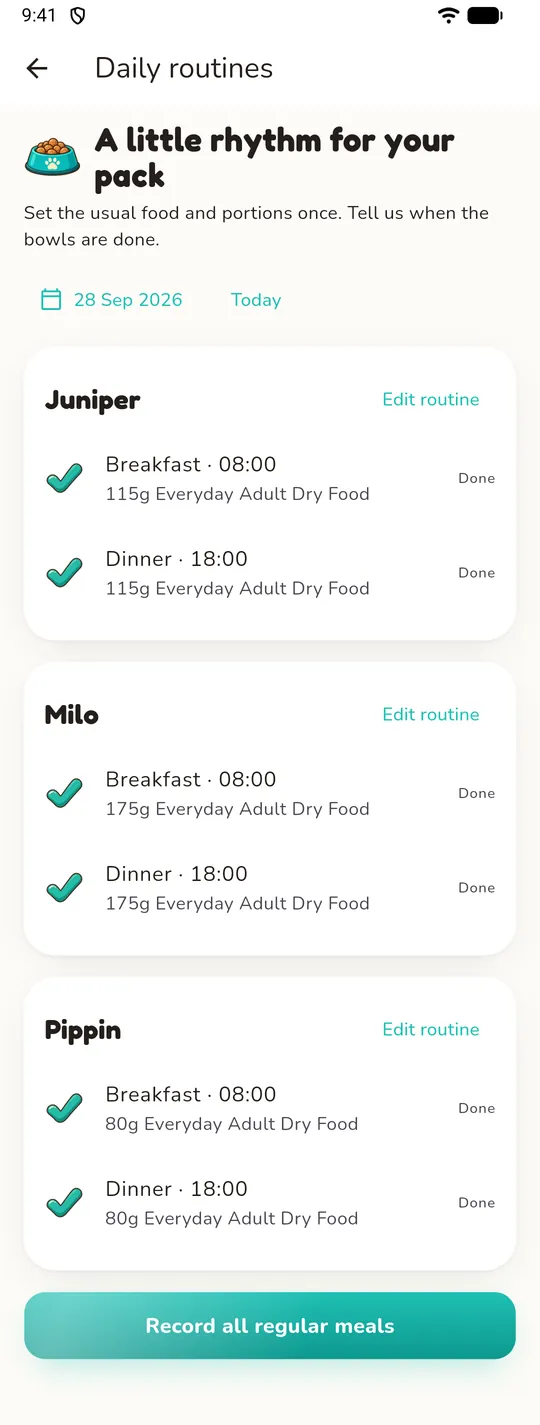 Daily routines for the pack with breakfast and dinner marked done