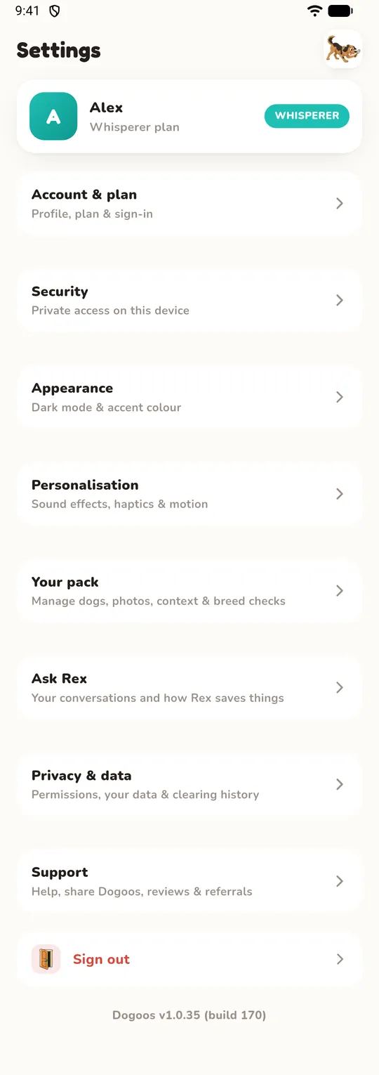 Settings with the account, security, appearance, personalisation, pack, Rex, privacy and support rows