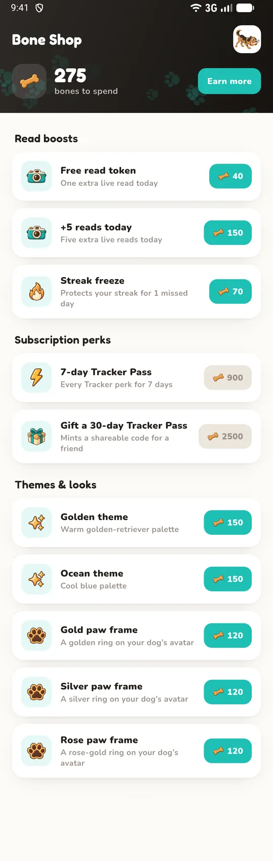 The Bone Shop listing read boosts, subscription perks and themes