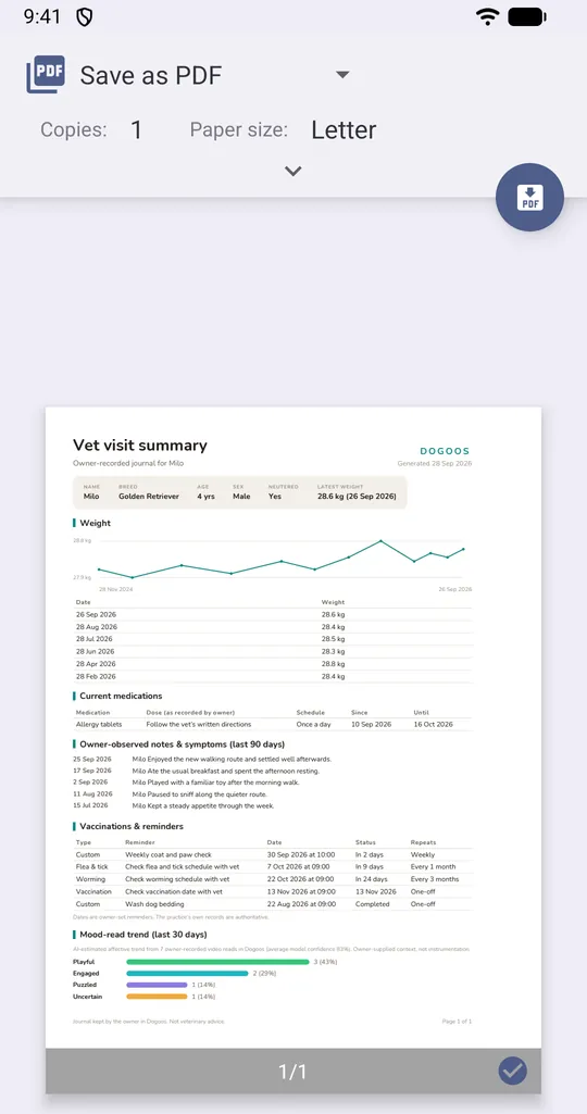The vet visit summary being saved as a PDF