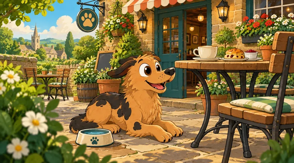 Illustration: a dog lying contentedly beside a cafe table with a water bowl