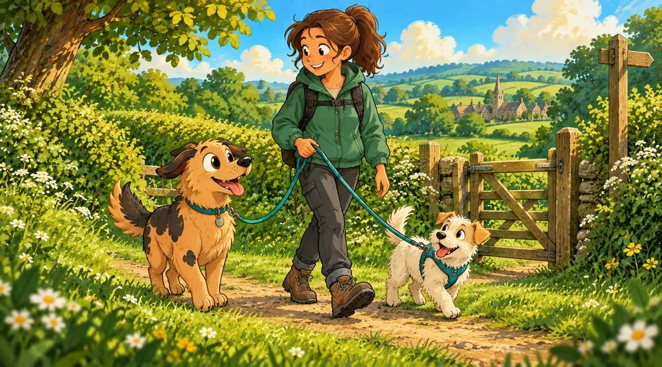 Illustration: a walker leading two dogs along a countryside path towards a gate
