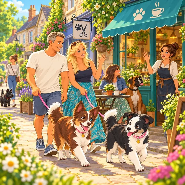 Illustration: a couple walking two collies along a village street past a dog-friendly cafe and groomer