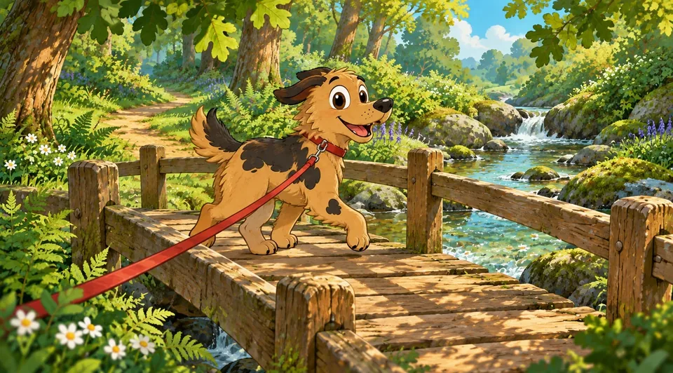 Illustration: a dog trotting over a wooden footbridge beside a woodland stream