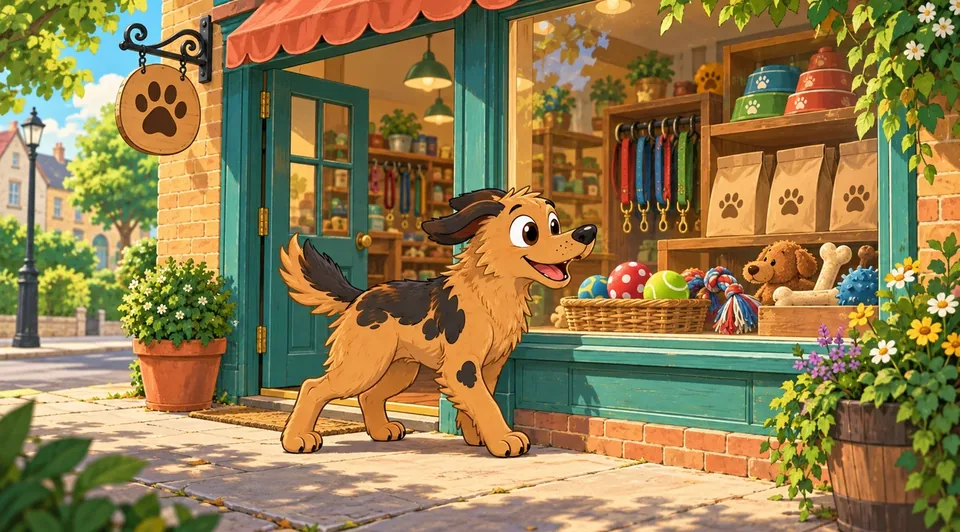 Illustration: a dog peering happily into a pet shop window full of toys and treats