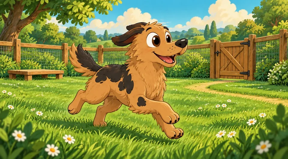 Illustration: a dog bounding across a fenced, gated field