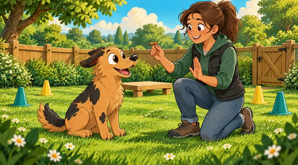 Illustration: a trainer kneeling with a hand signal while a dog sits among training cones