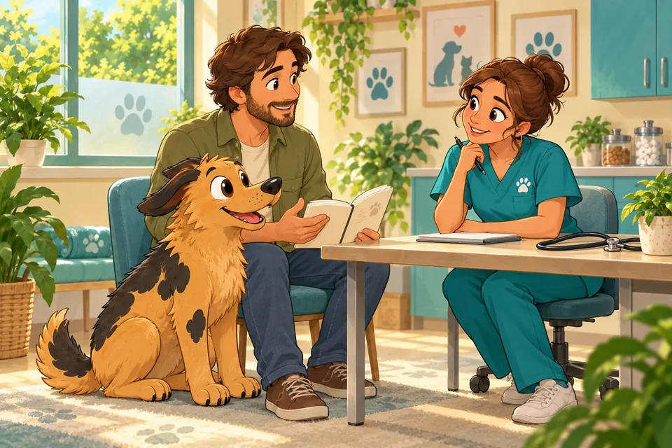 Illustration: an owner and a vet talking at a desk while a spaniel sits beside them