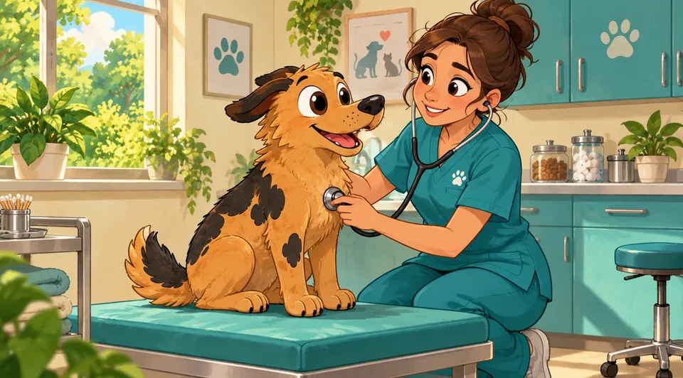 Illustration: a vet listening to a dog's chest with a stethoscope on an examination table