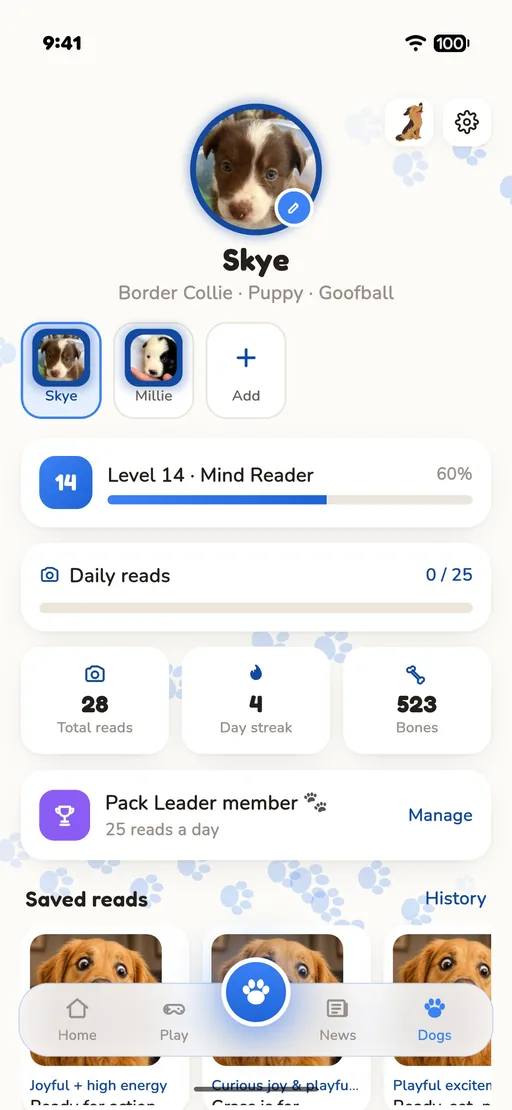 Sample screen: a dog's profile with plan, read history and saved reads
