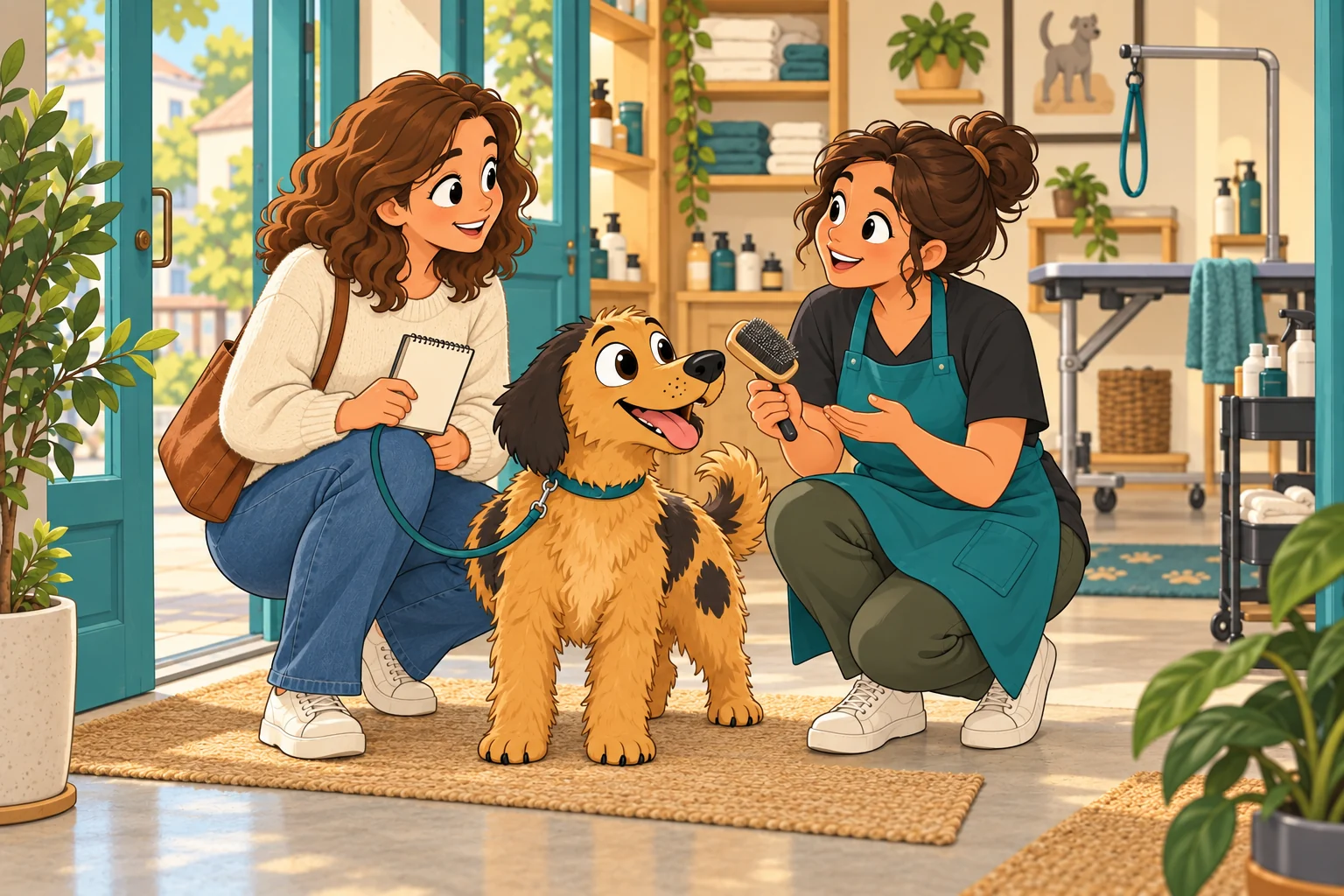 Rex and his owner have a friendly conversation with a groomer in a welcoming salon.