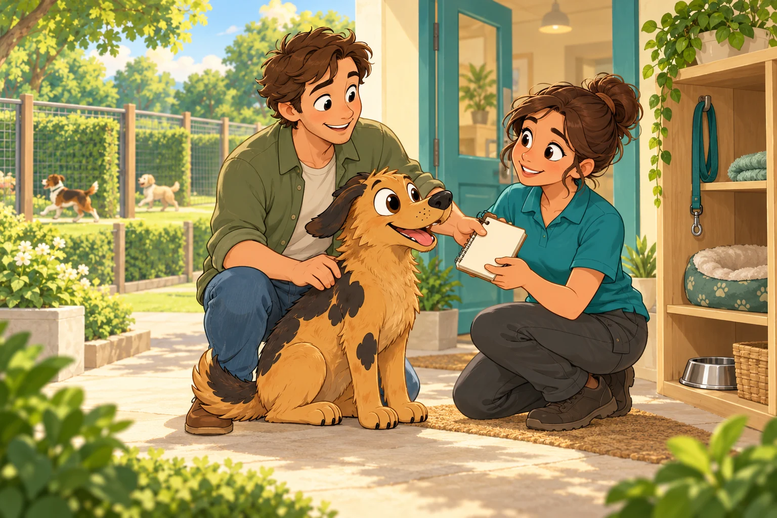 Illustration of Rex arriving at a welcoming kennel with his owner and a team member.