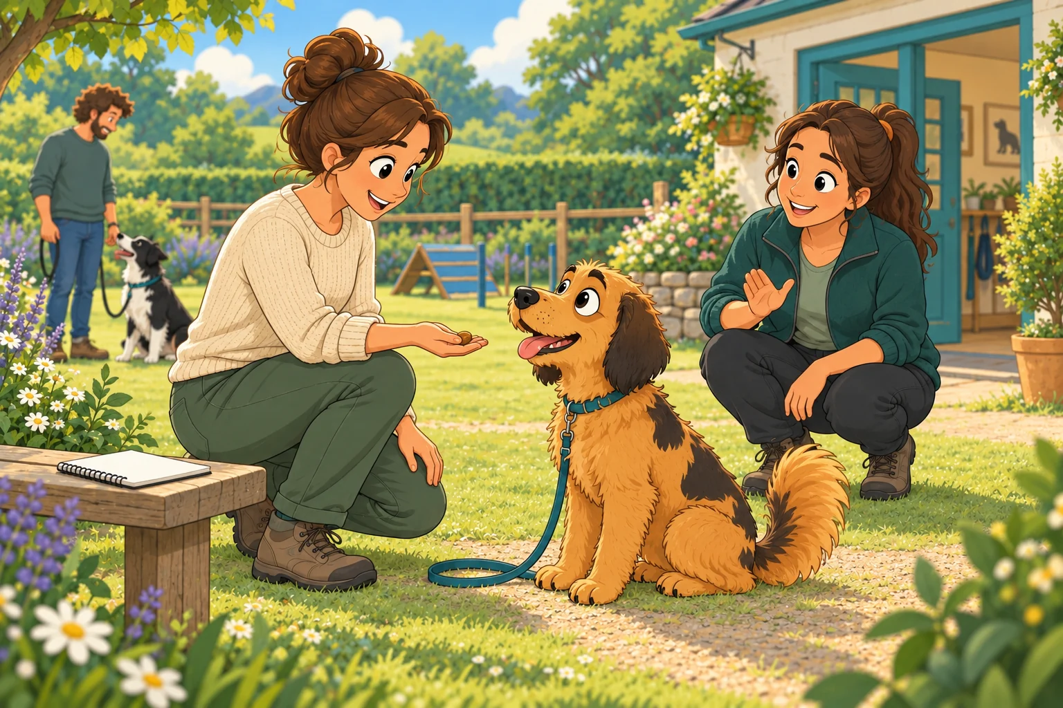 Illustration of Rex learning calmly with his owner and a welcoming dog trainer.