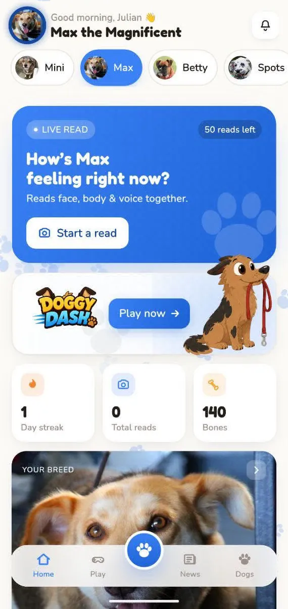 Dogoos home screen for Max