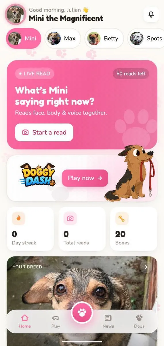 Dogoos home screen for Mini, in her pink theme