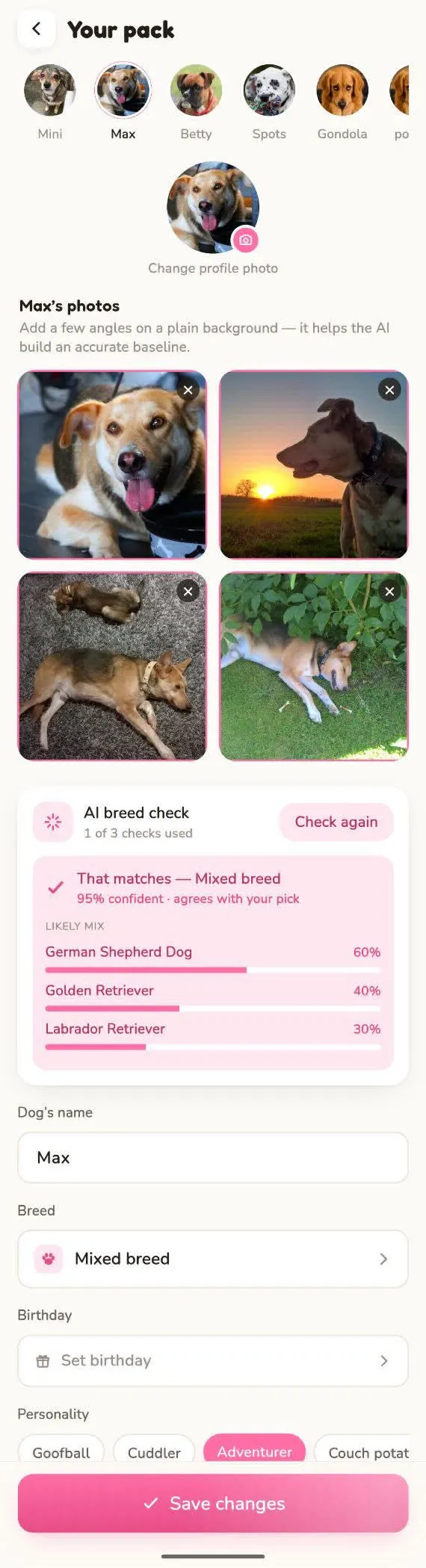 A full dog profile: photos, AI breed check and details
