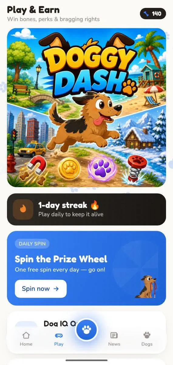 The Play and Earn screen with Doggy Dash, streaks and the prize wheel