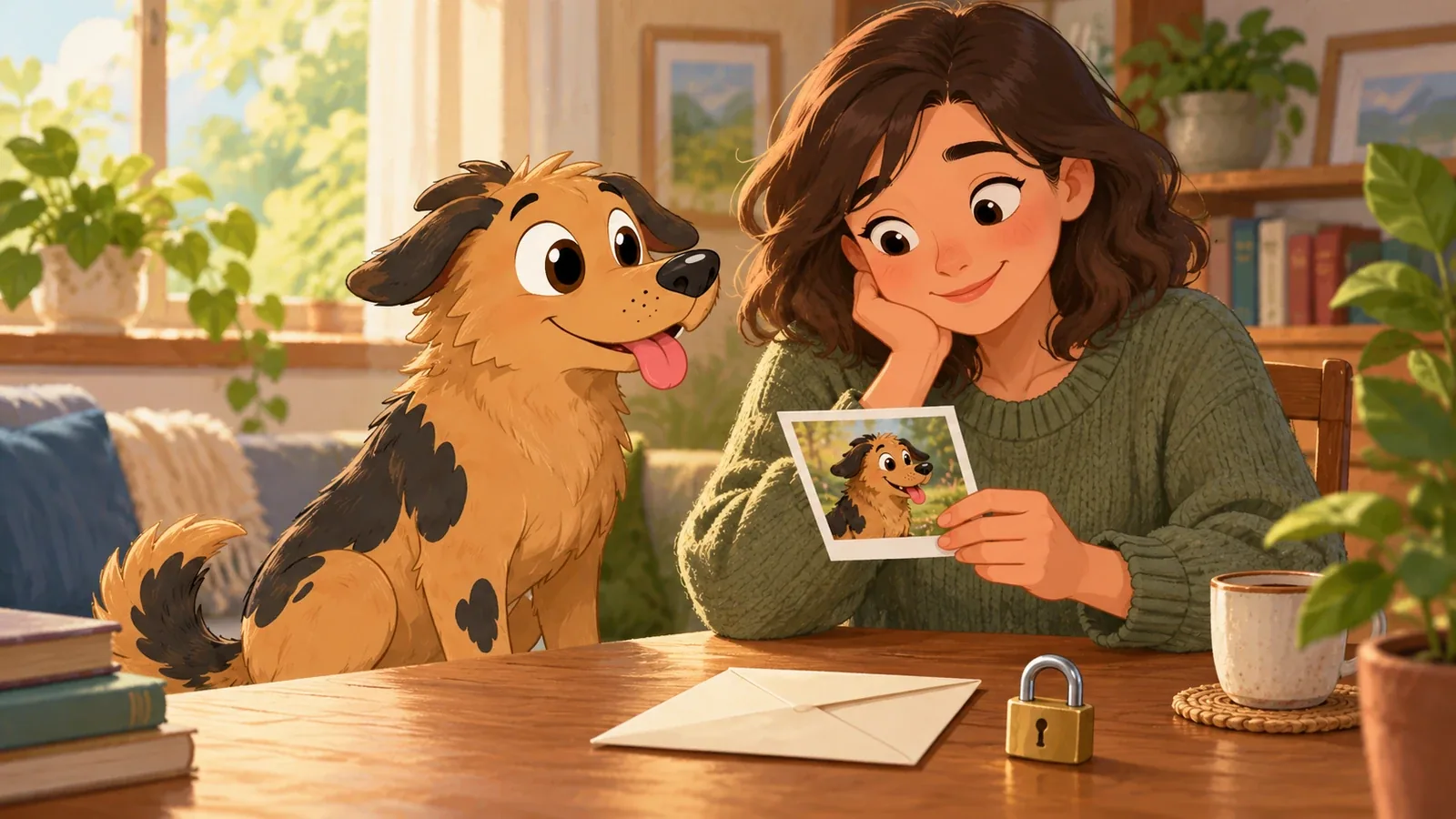 Rex sits beside an adult holding a printed dog photo, with a closed envelope and padlock on the desk.