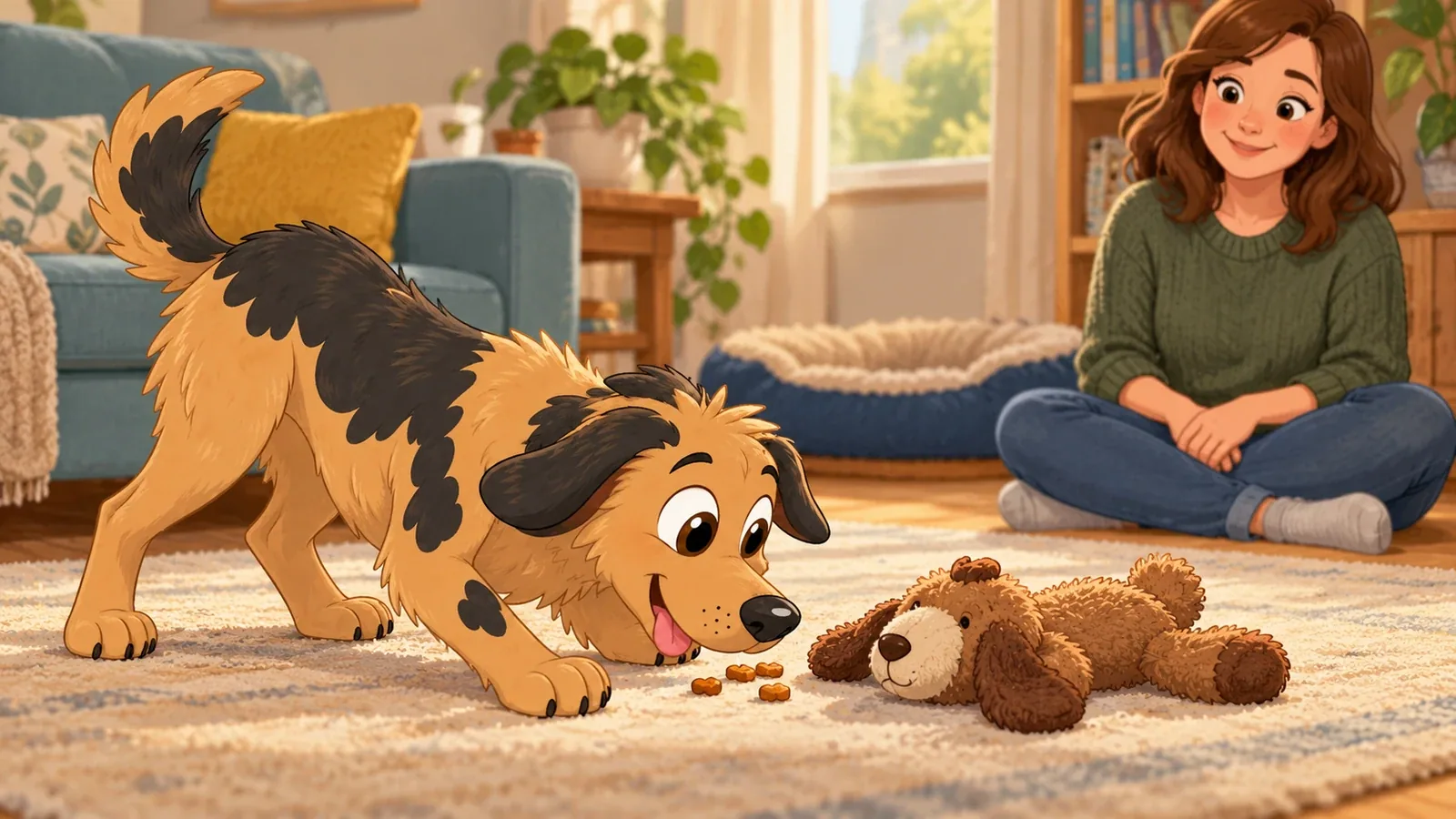 Rex eats a few small treats beside a soft toy while his owner sits nearby with relaxed hands.