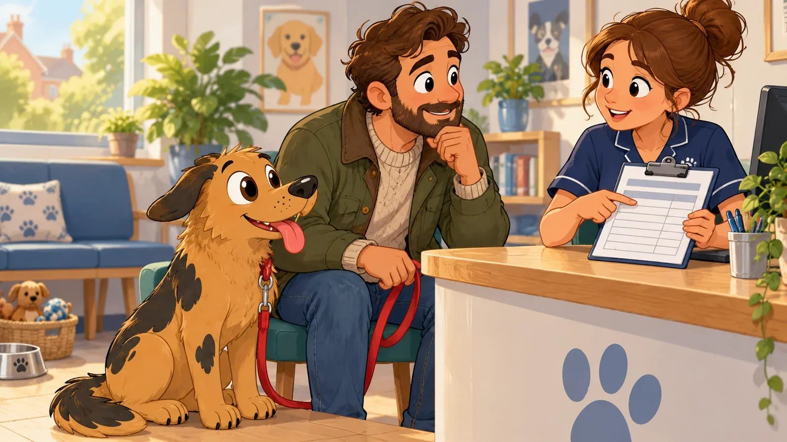 Rex and his owner speak with a staff member at a veterinary reception desk.