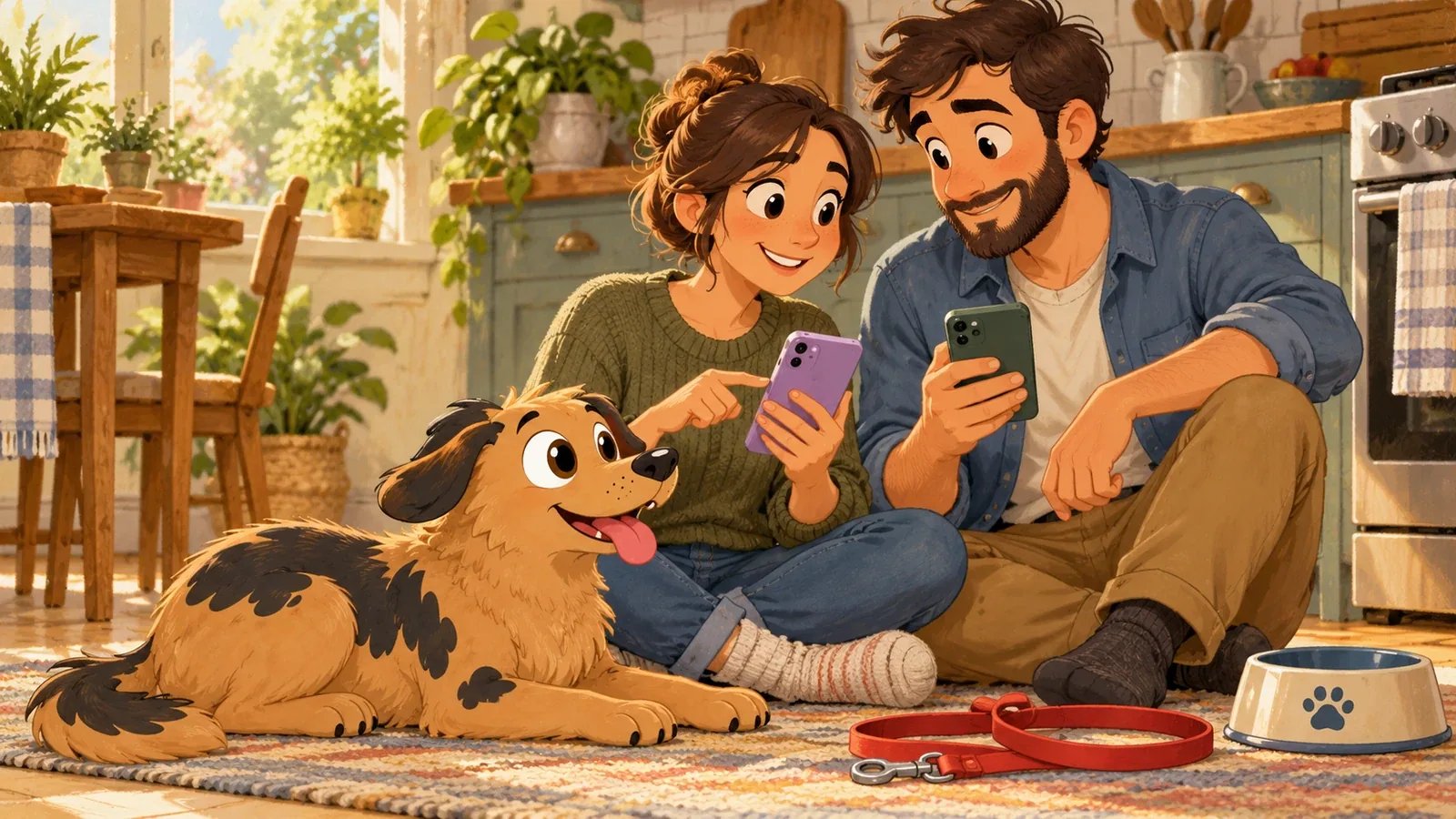 Rex rests beside two adult carers comparing their phones on the kitchen floor, with a bowl and lead nearby.