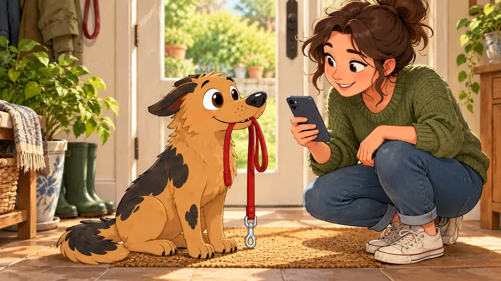 An owner holds a phone near Rex while observing him beside a back door.