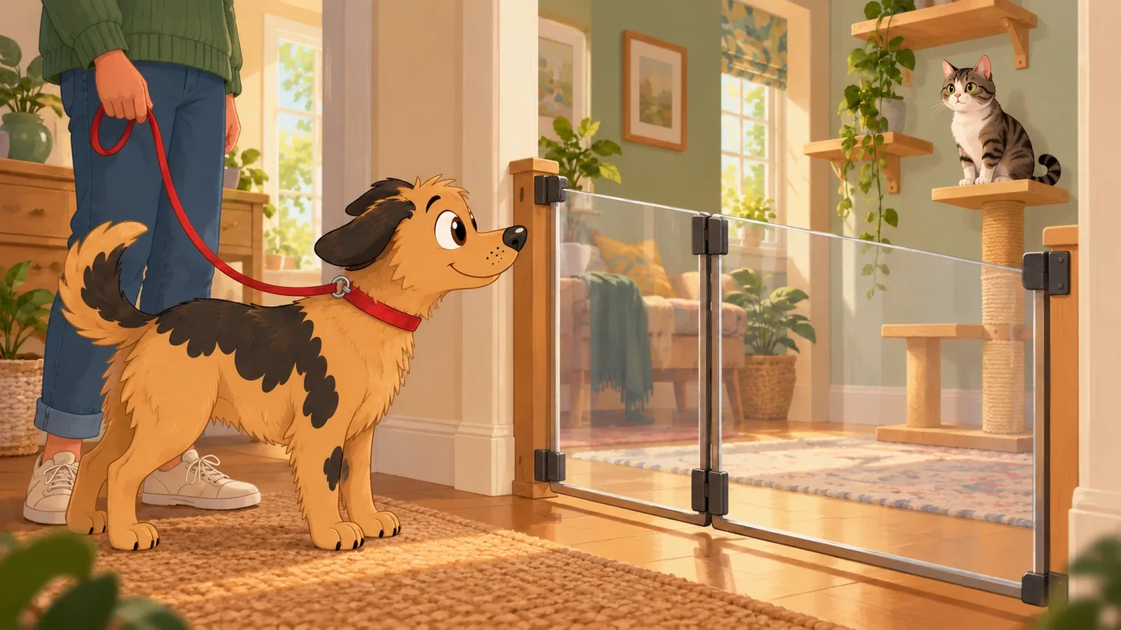 Rex stands on a slack red lead beside an adult, separated by a closed transparent gate from a cat on a high platform.