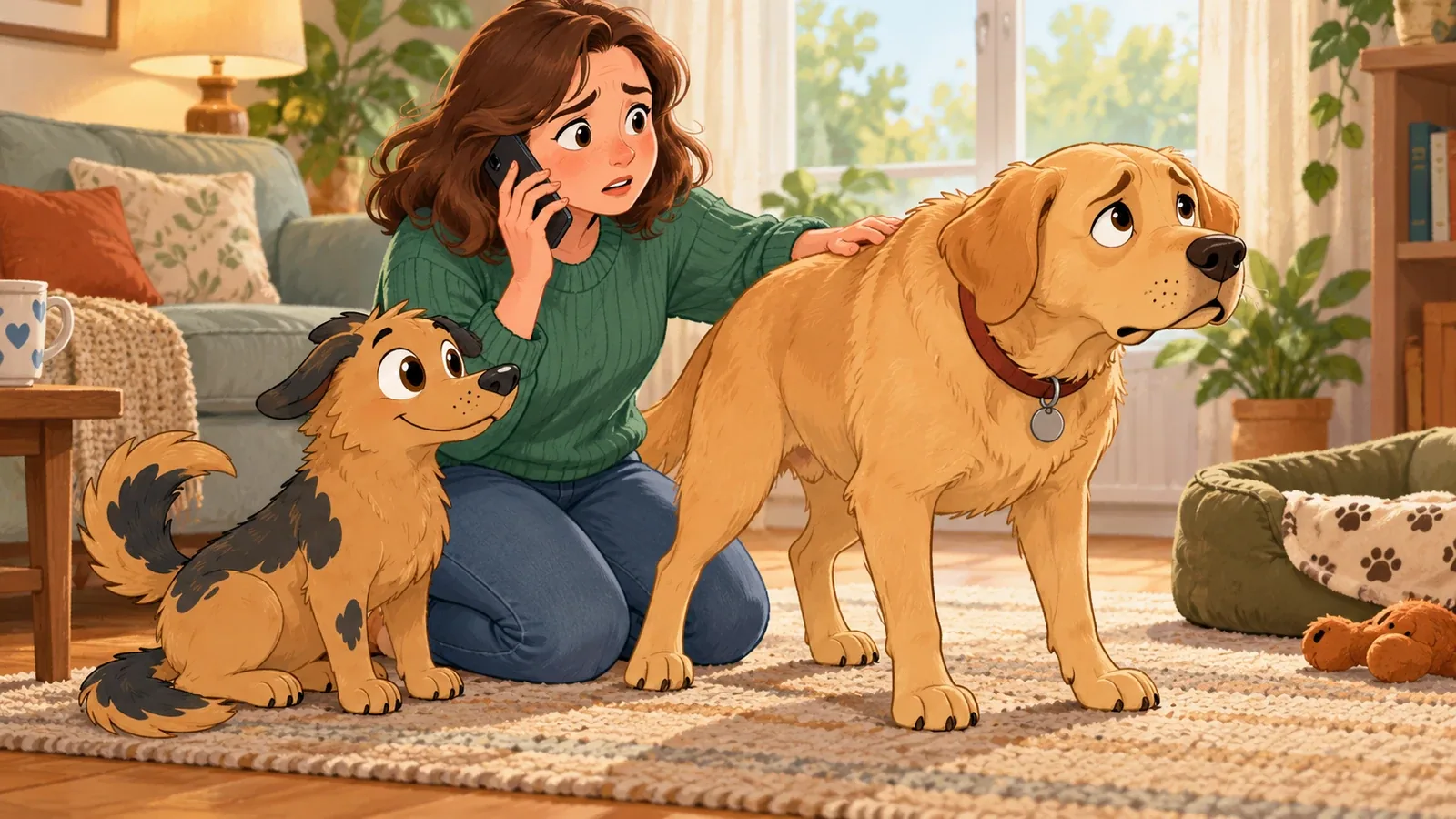 An owner phones the vet beside a large dog, with Rex sitting nearby.