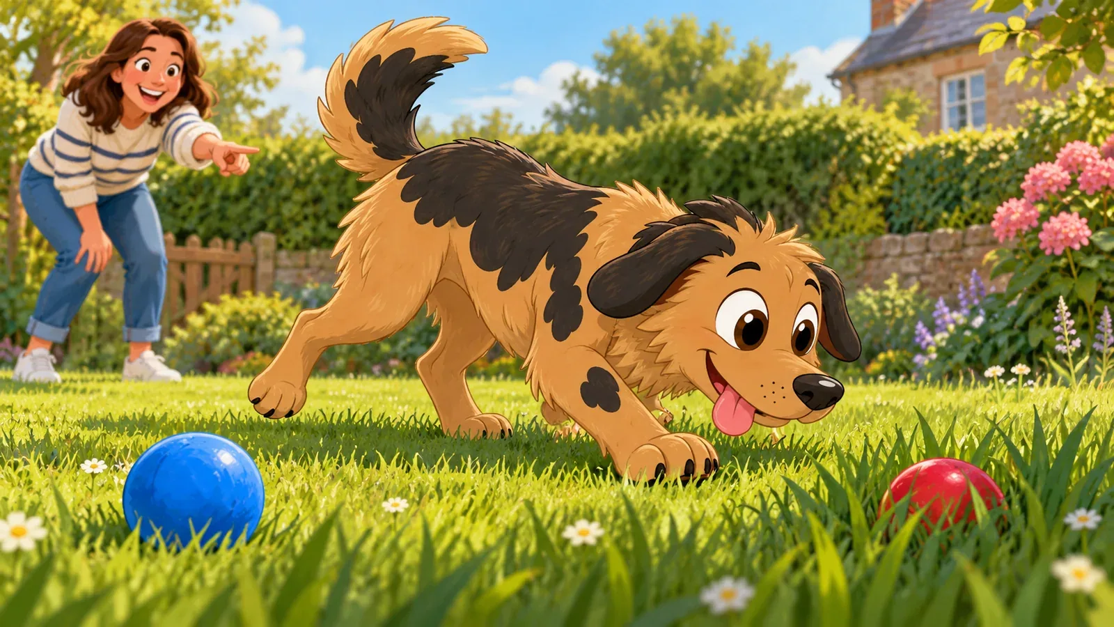 Rex explores a lawn with a blue ball and a red ball among the grass.