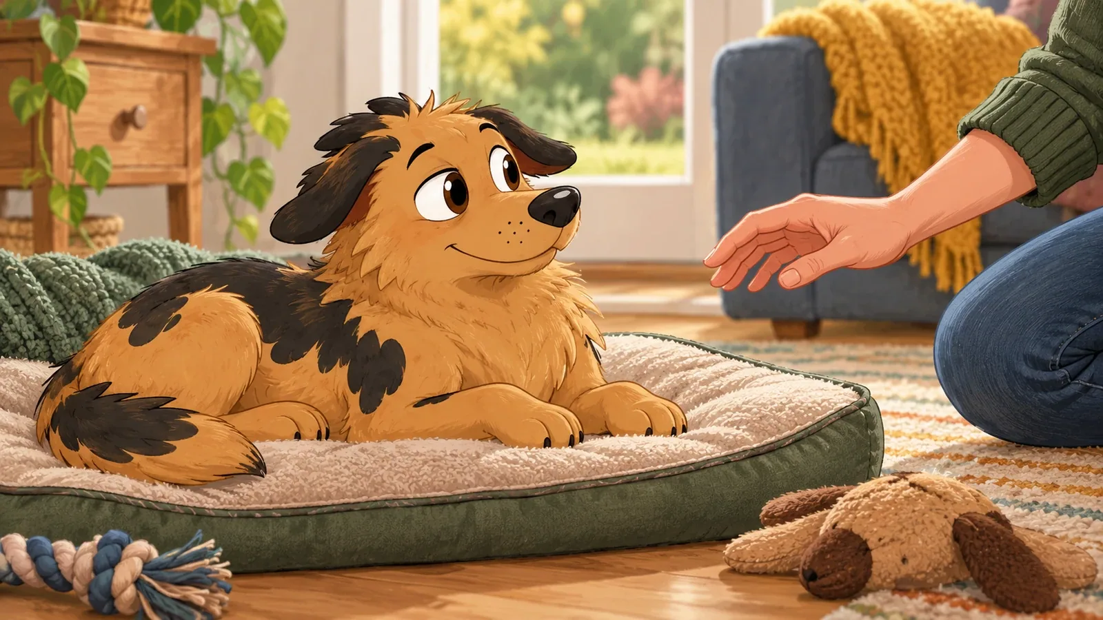 Rex rests on a mat and glances towards an adult who has paused their hand to give him space.