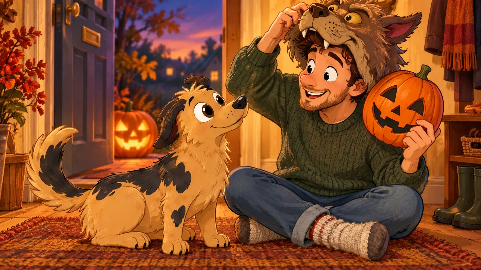 Rex looks at his owner lifting a Halloween mask to reveal his face.