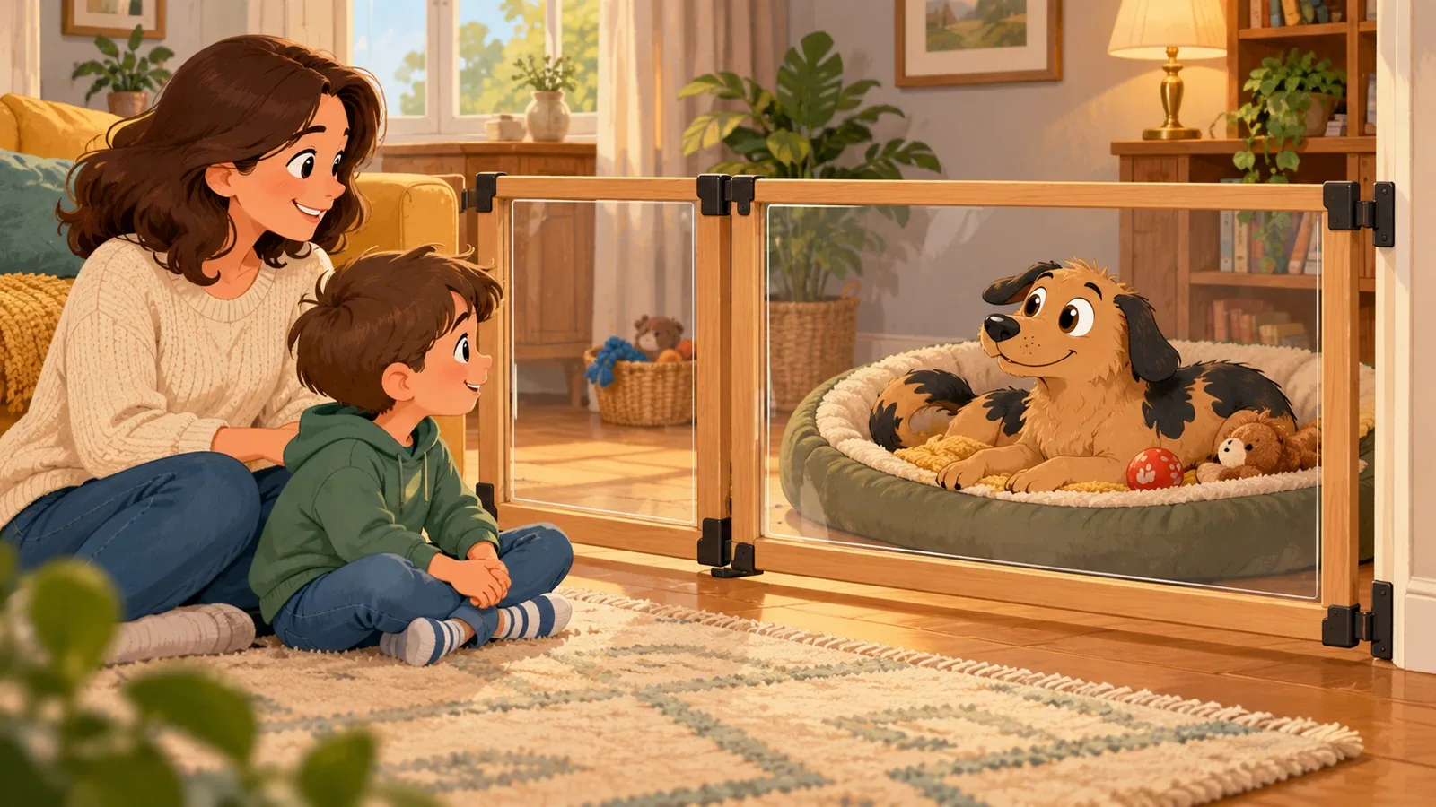 An adult and child sit outside a closed transparent gate while Rex rests in his bed on the other side.