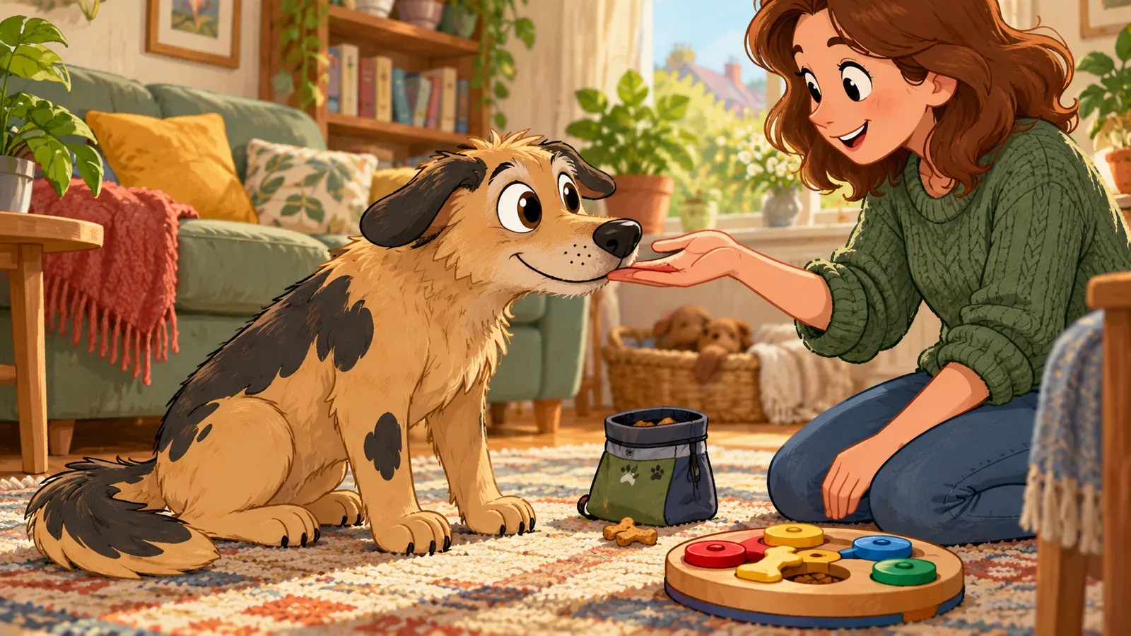 An older Rex touches his nose to his owner’s palm beside a puzzle toy.