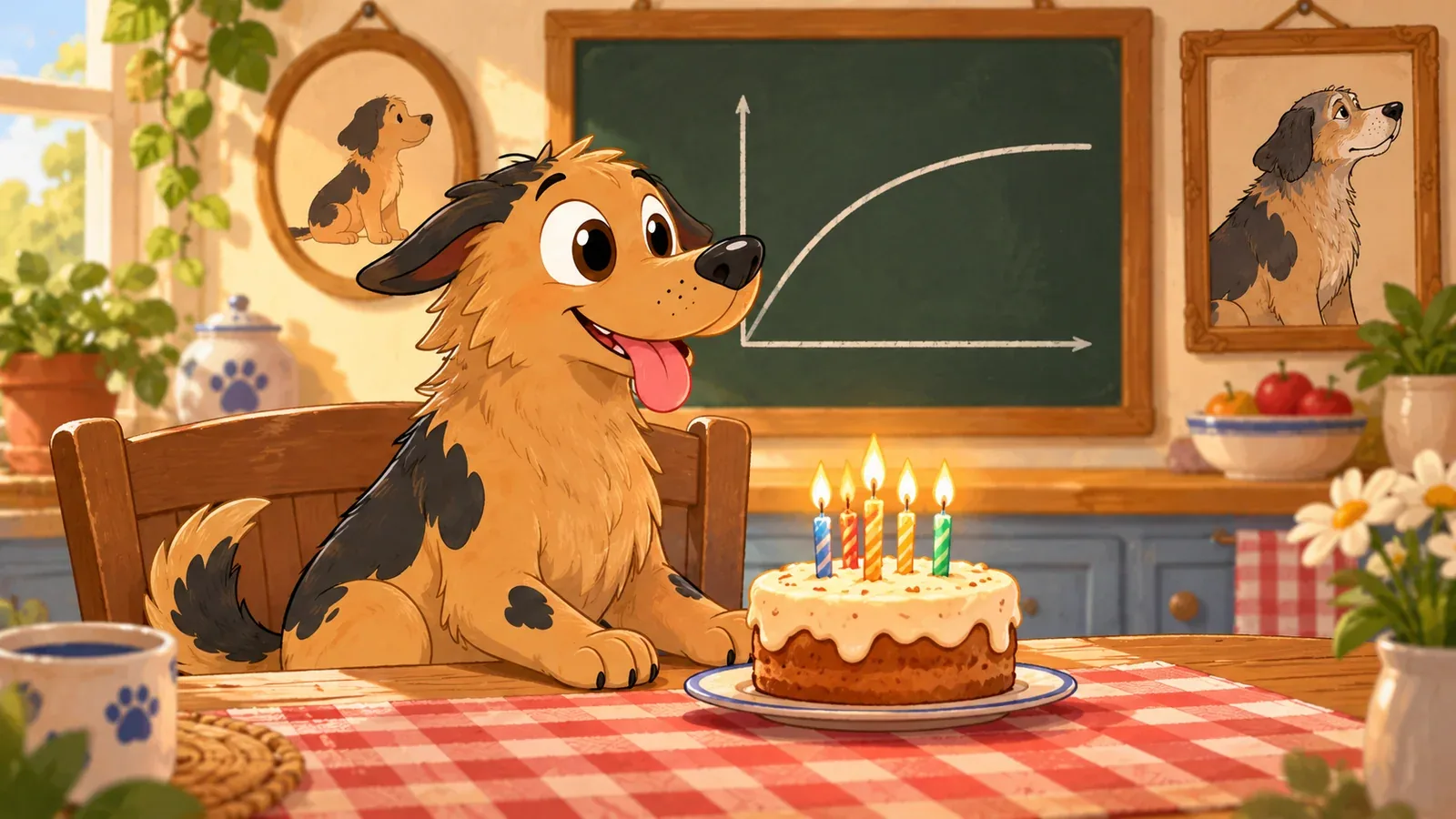 Rex beside a birthday cake, puppy and older-dog portraits and a curved age graph.