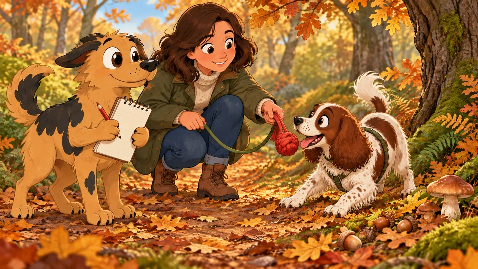 An adult redirects a spaniel towards a rope toy and away from fallen mushrooms, while Rex holds a notebook.