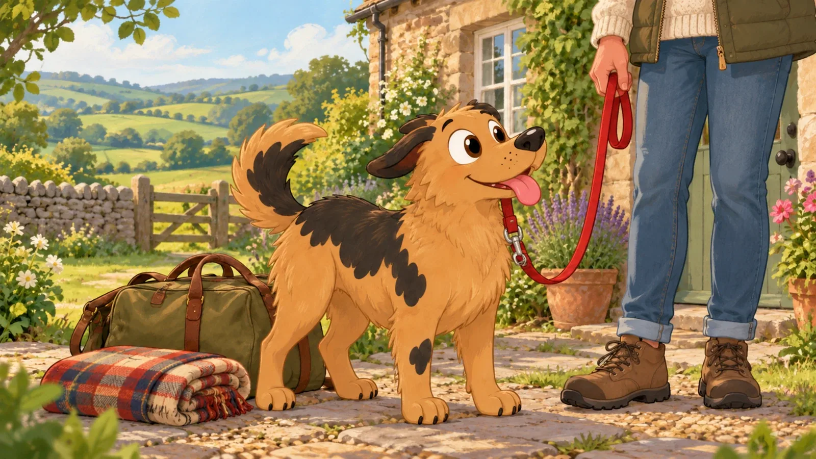 Rex stands on a slack red lead beside a travel bag and folded blanket outside a stone holiday cottage.
