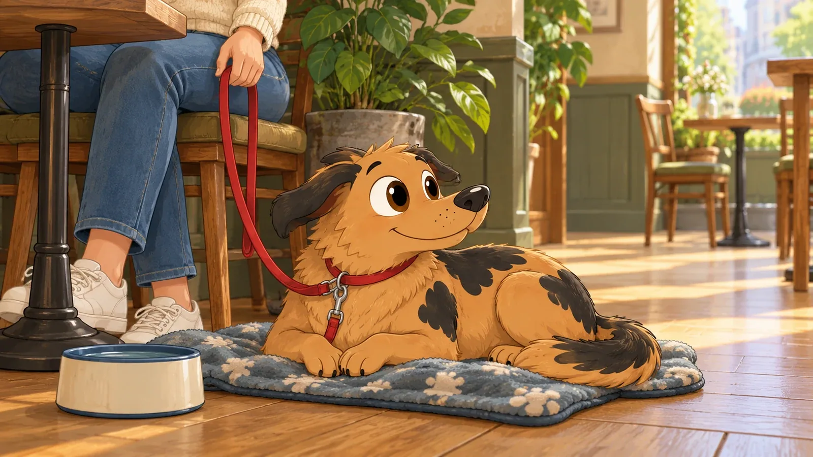 Rex rests on a blanket beside his owner in a quiet café, with a water bowl nearby.