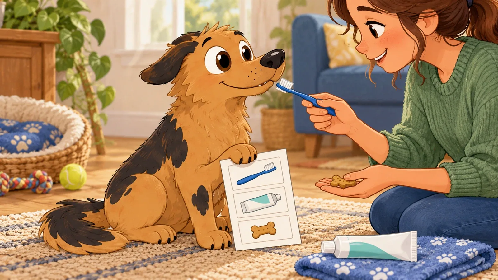 An adult introduces a toothbrush gently to Rex beside a simple routine card.